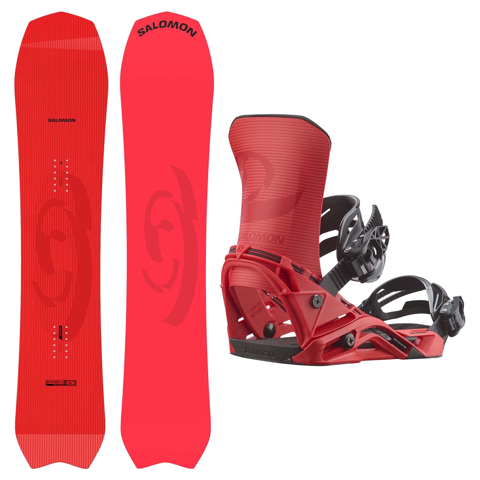 Salomon Dancehaul Snowboard with Salomon District Bindings in Fiery Red.