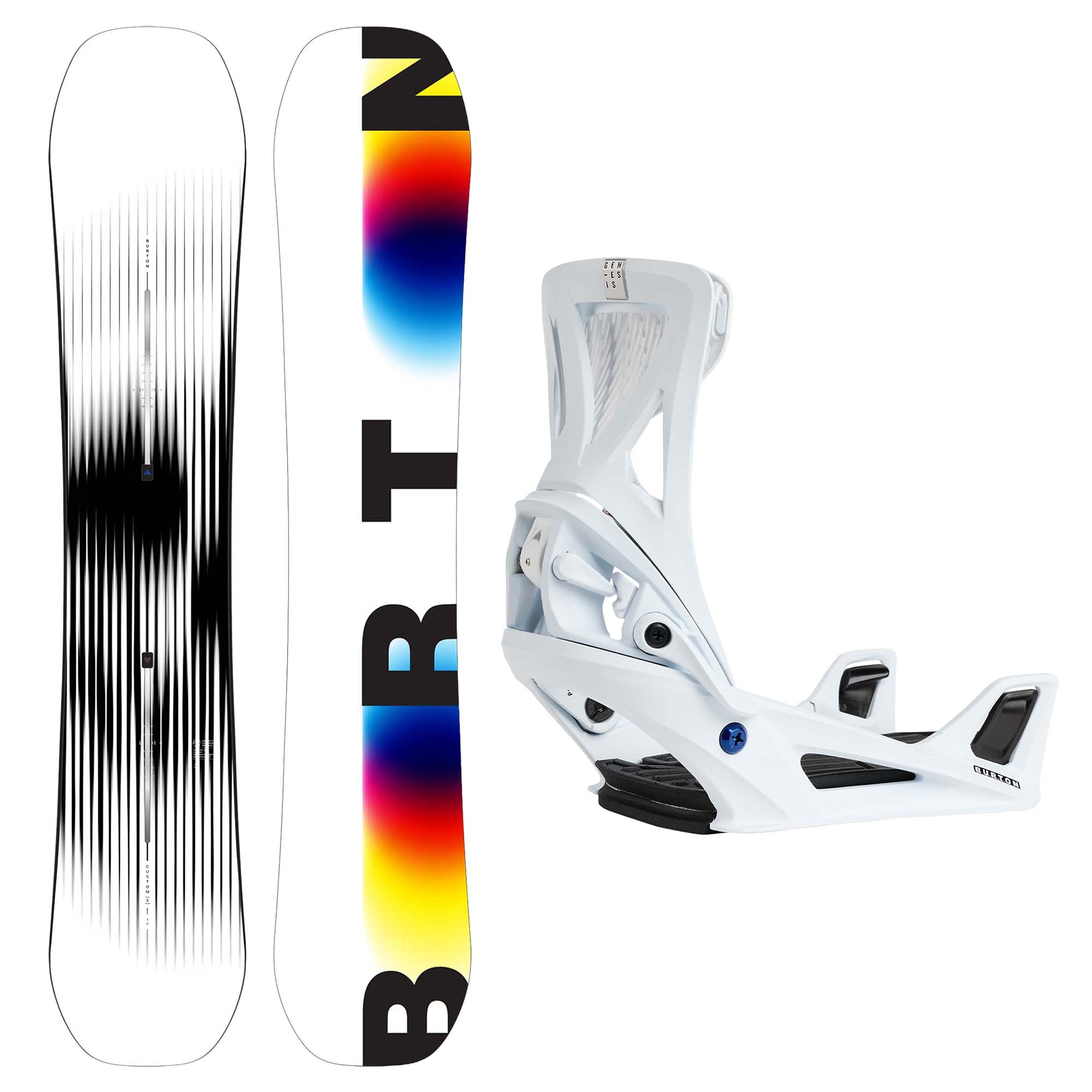 Burton Custom X Snowboard with Burton Genesis Step On Bindings in White.