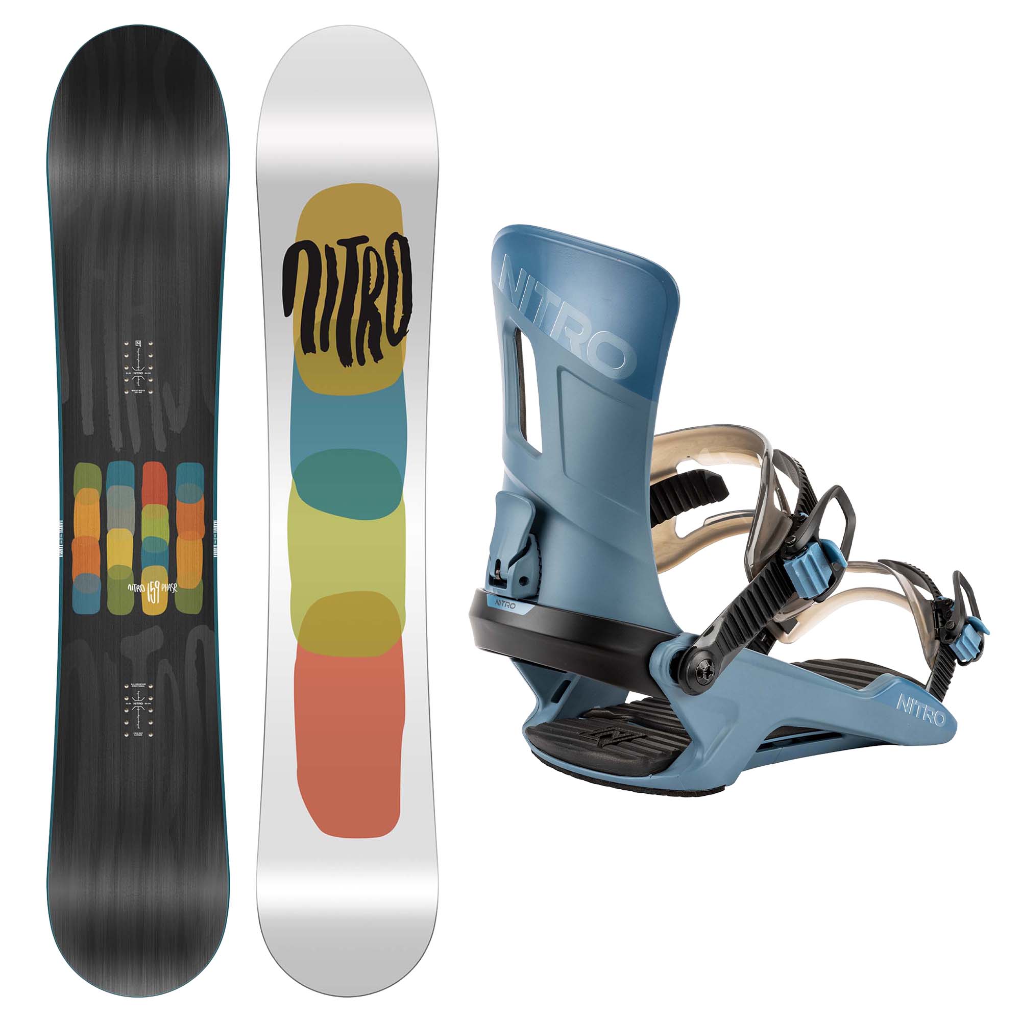 Nitro Phase Snowboard with Nitro Rambler Men's Bindings in Blue.