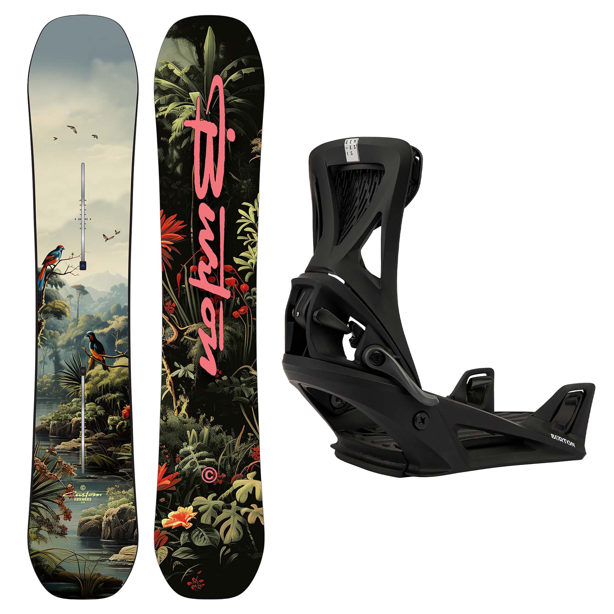 Burton Custom Snowboard with Burton Step on Genesis Re:Flex Bindings in Black.